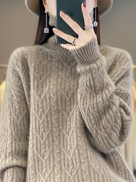 Women Autumn Twist Knit 100%Wool Turtleneck Sweater