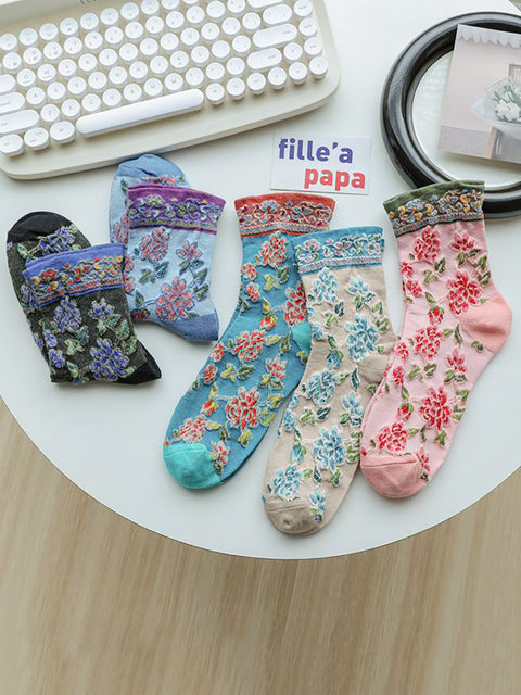 5 parejas de calcetines de algodón floral Jacquard para mujeres