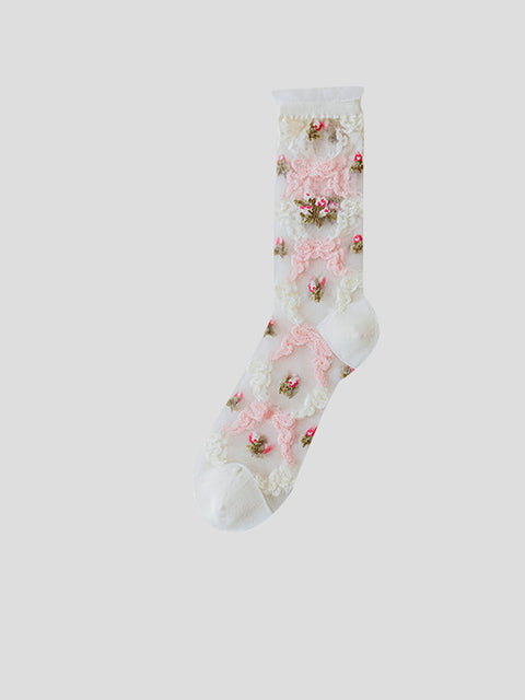 3 pares de calcetines finos de media pantorrilla con estampado floral de jacquard de verano