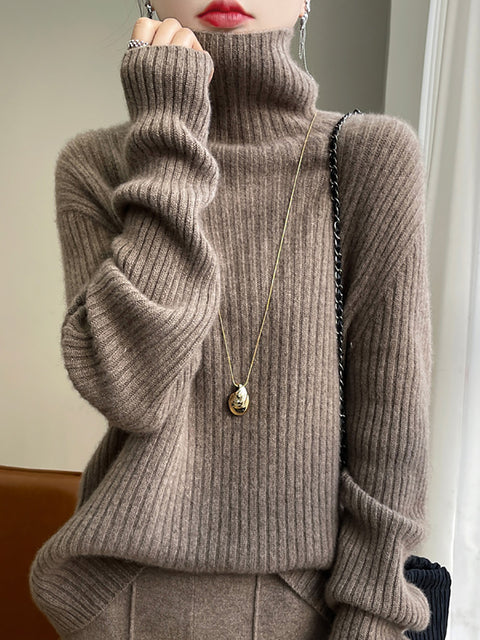 Women Autumn Casual Solid Turtleneck Wool Knit Sweater