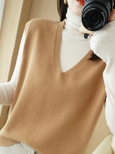 Women Casual Autumn Wool V-Neck Knit Vest