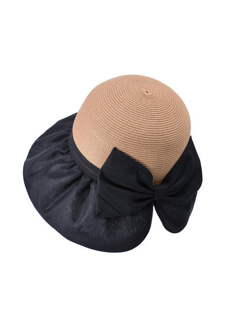 Sombrero de paja con lazo y bloques de colores para mujer, resistente al sol, para verano