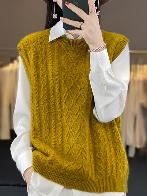 Women Casual Wool O-Neck Twist Knit Vest