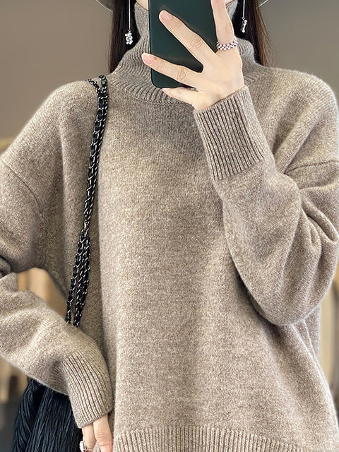 Women Autumn Casual Turtleneck Solid 100%Wool Sweater