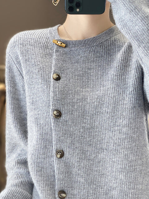 Women Autumn Solid Knit Wool Buttoned O-Neck Sweater