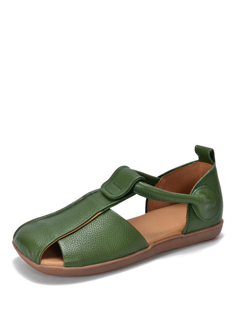 Sandalias planas con tiras de cuero suave estilo vintage de verano para mujer