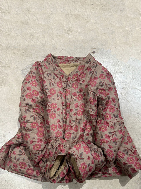 Women Vintage Autumn Floral Button-up Ramie Coat