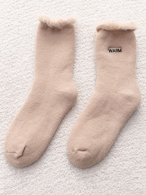 5 Pairs Women Winter Solid Cotton Fleece-lined Socks