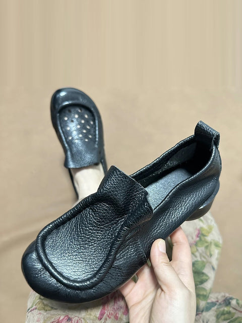 Zapatos de tacón bajo de piel auténtica suave retro de verano para mujer