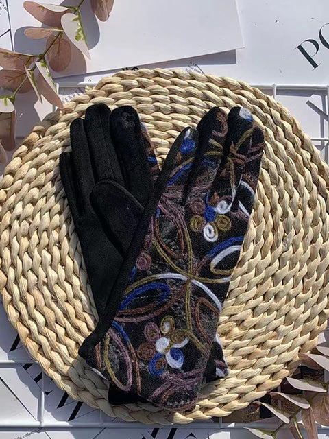 Guantes de ciclismo cálidos con bordado de flores étnicas para mujer