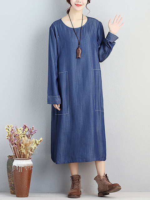 Women Casual Spring Simple Round Neck Loose Dress