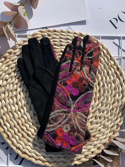 Guantes de ciclismo cálidos con bordado de flores étnicas para mujer