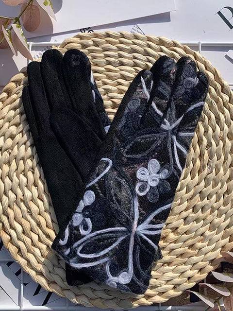 Guantes de ciclismo cálidos con bordado de flores étnicas para mujer