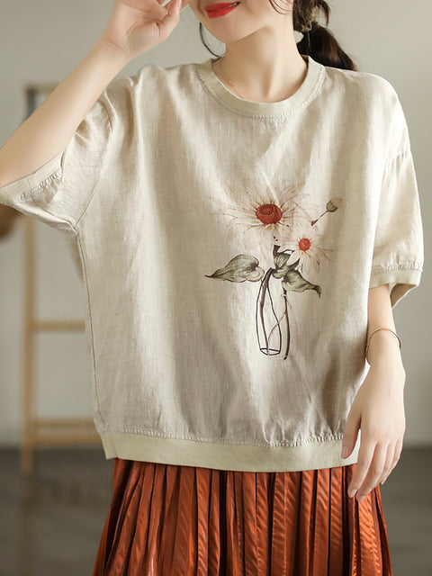 Camiseta de manga corta con flores de verano informal de lino de talla grande para mujer