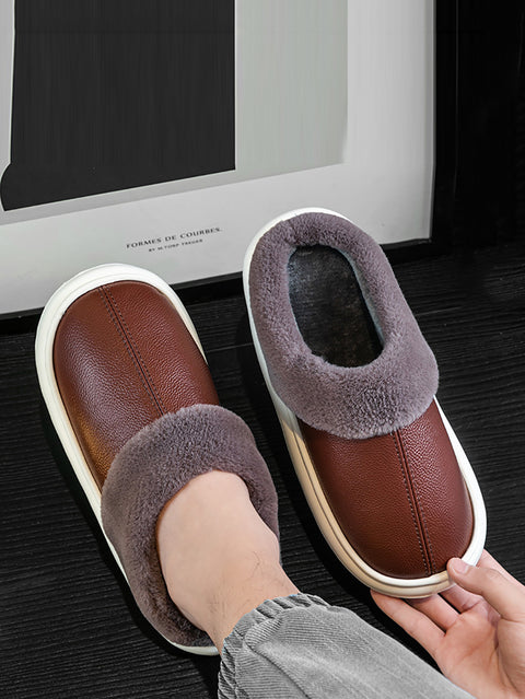 Couple Winter Fleece-lined Leather Slippers