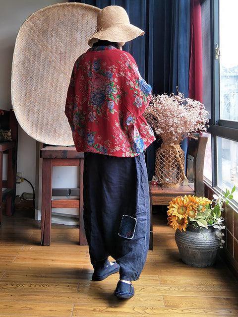 Chaqueta de algodón con botones de flores étnicas para mujer