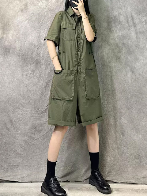 Women Summer Casual Pure Color Short Jumpsuits