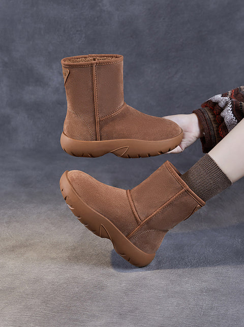 Botas de nieve de tacón bajo de piel con forro polar y cálidas para mujer en invierno