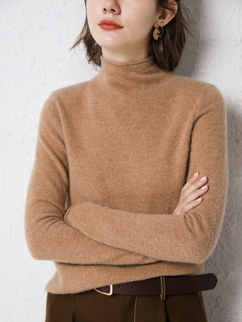 Women Autumn Solid Half High Collar 100%Wool Sweater