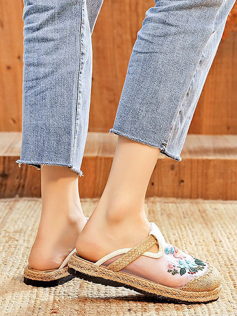 Zapatos planos de lino con bordado vintage de verano para mujer