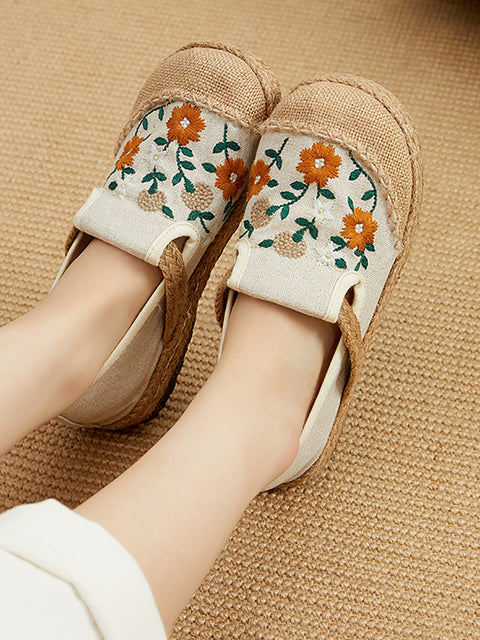 Women Summer Flower Embroidery Linen Spliced Straw Shoes