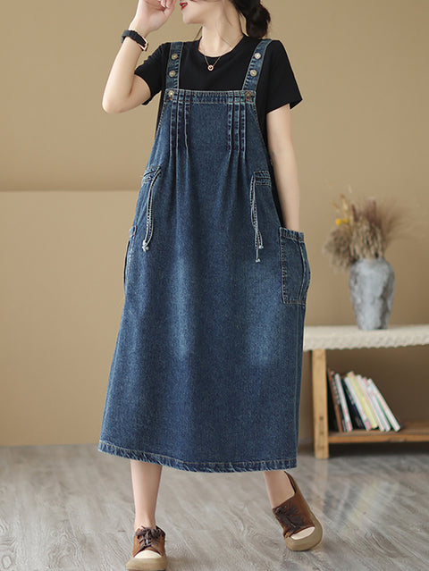 Women Summer Retro Pleat Drawstring Pocket Denim Dress