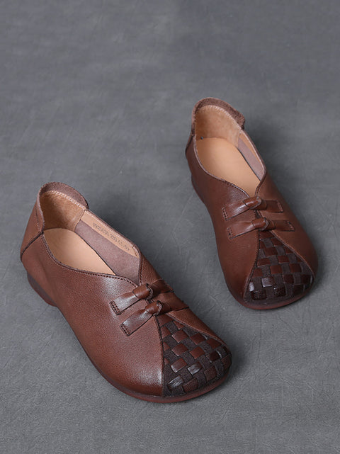 Zapatos de tacón bajo con tejido de piel suave estilo vintage para mujer