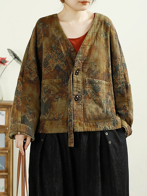 Women Autumn Vintage Flower V-Neck Cotton Coat