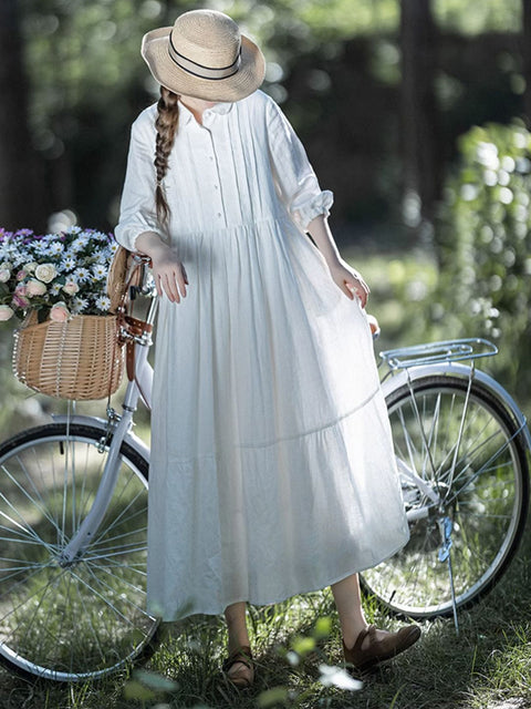 Vestido de primavera liso fruncido 100% lino de talla grande para mujer