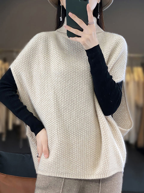 Women Autumn Solid Turtleneck 100%Wool Knit Loose Vest