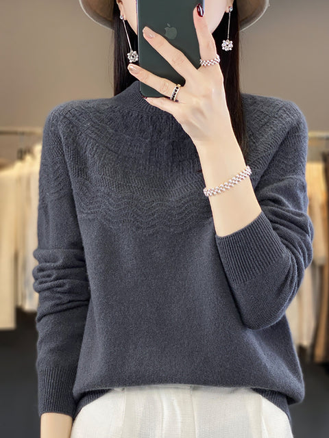 Women Autumn Cable Knit 100%Wool Half Turtleneck Sweater