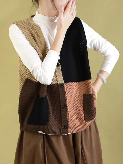 Women Autumn Colorblock Knitted V-Neck Vest