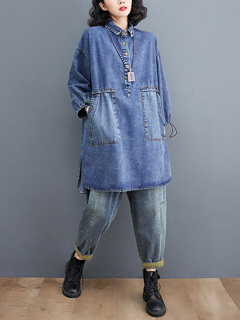 Women Casual Spring Solid Stitching Denim Long Shirt