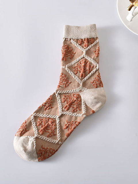 5 Pairs Artsy Flower Rhomboids Jacquard Cotton Socks