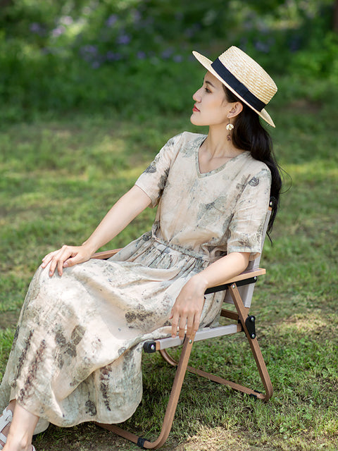 Vestido de ramio con cordón y estampado de tinta artístico de talla grande para mujer