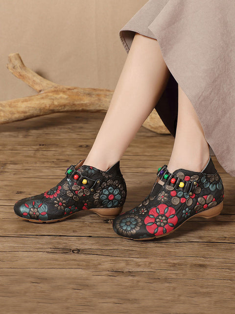 Women Ethnic Flower Embossing Leather Bead Low Heel Shoes