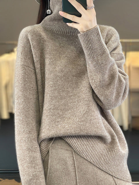 Women Autumn Casual Turtleneck Solid 100%Wool Sweater