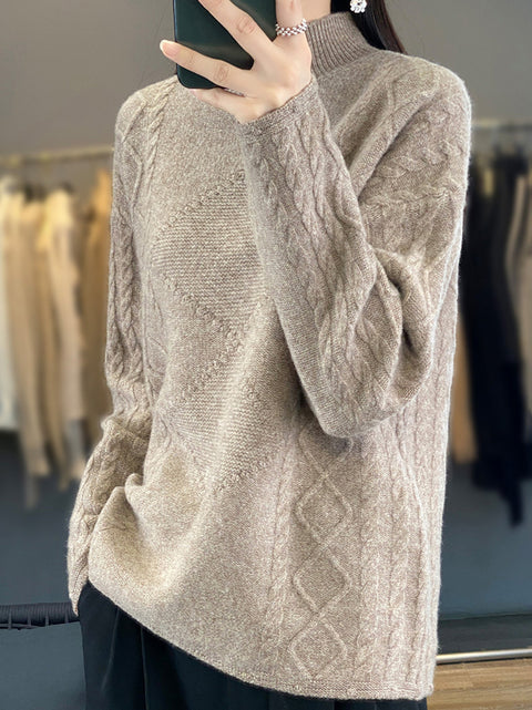 Women Autumn Half Turtleneck Twist Knit 100%Wool Sweater