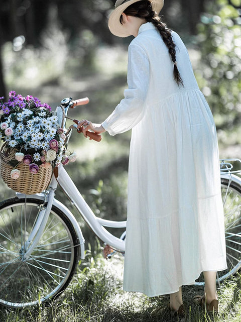 Vestido de primavera liso fruncido 100% lino de talla grande para mujer