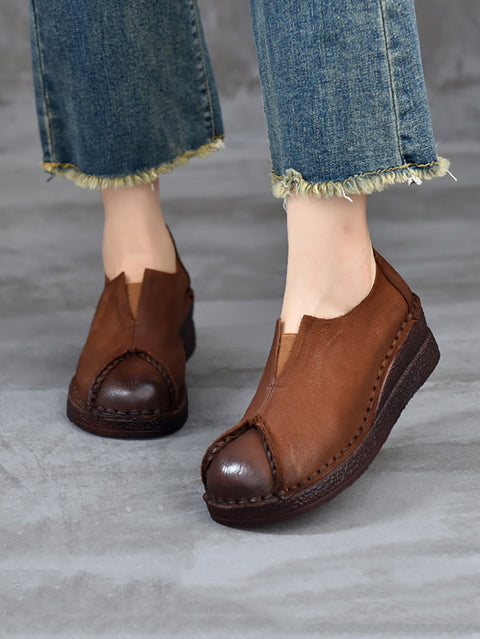 Women Spring Retro Leather Spliced Platform Shoes