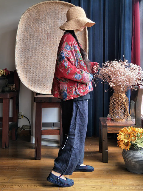 Chaqueta de algodón con botones de flores étnicas para mujer