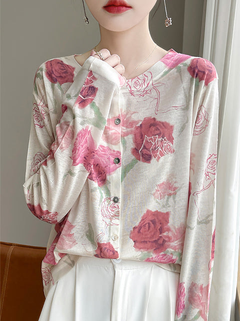 Camisa fina con cuello redondo y flores informales de primavera para mujer