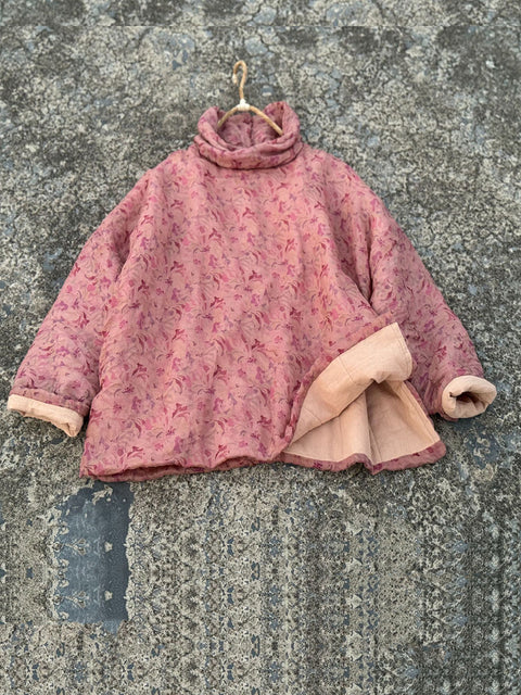 Abrigo acolchado de ramio con cuello redondo y flores de otoño estilo vintage para mujer