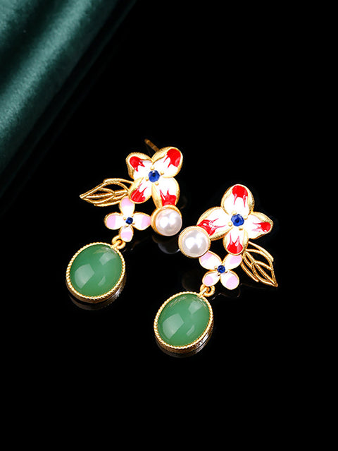 Women Flower Enamel Green Jade Glod Plate Earrings