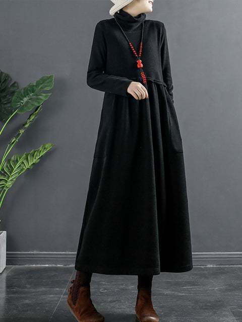 Plus Size Women Pure Color Turtleneck Draped Long Dress