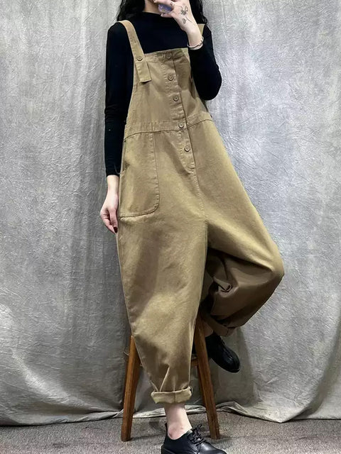 Women Spring Casual Pure Color Loose Jumpsuits