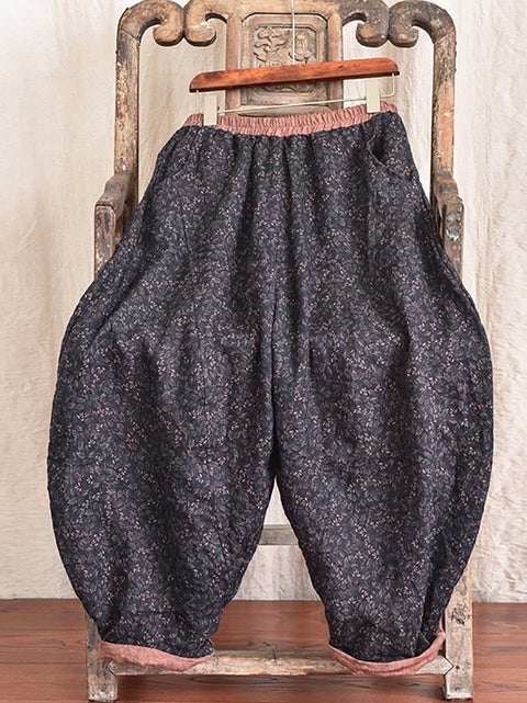 Pantalones casuales de lino con bolsillos florales y cintura elástica con estampado vintage