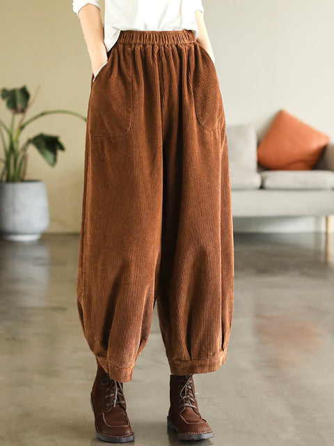 Plus Size Women Vintage Corduroy Pure Color Loose Harem Pants