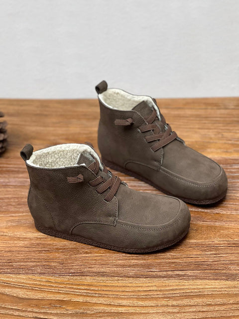 Botas de tobillo sólidas de cuero suave con cordón vintage para mujer