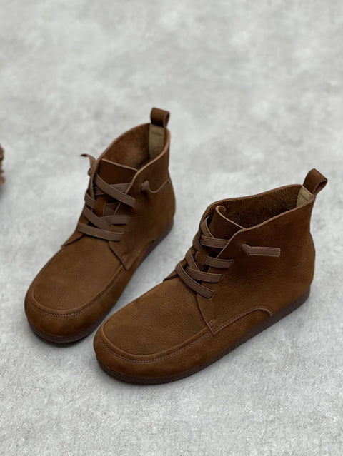 Botas de tobillo sólidas de cuero suave con cordón vintage para mujer